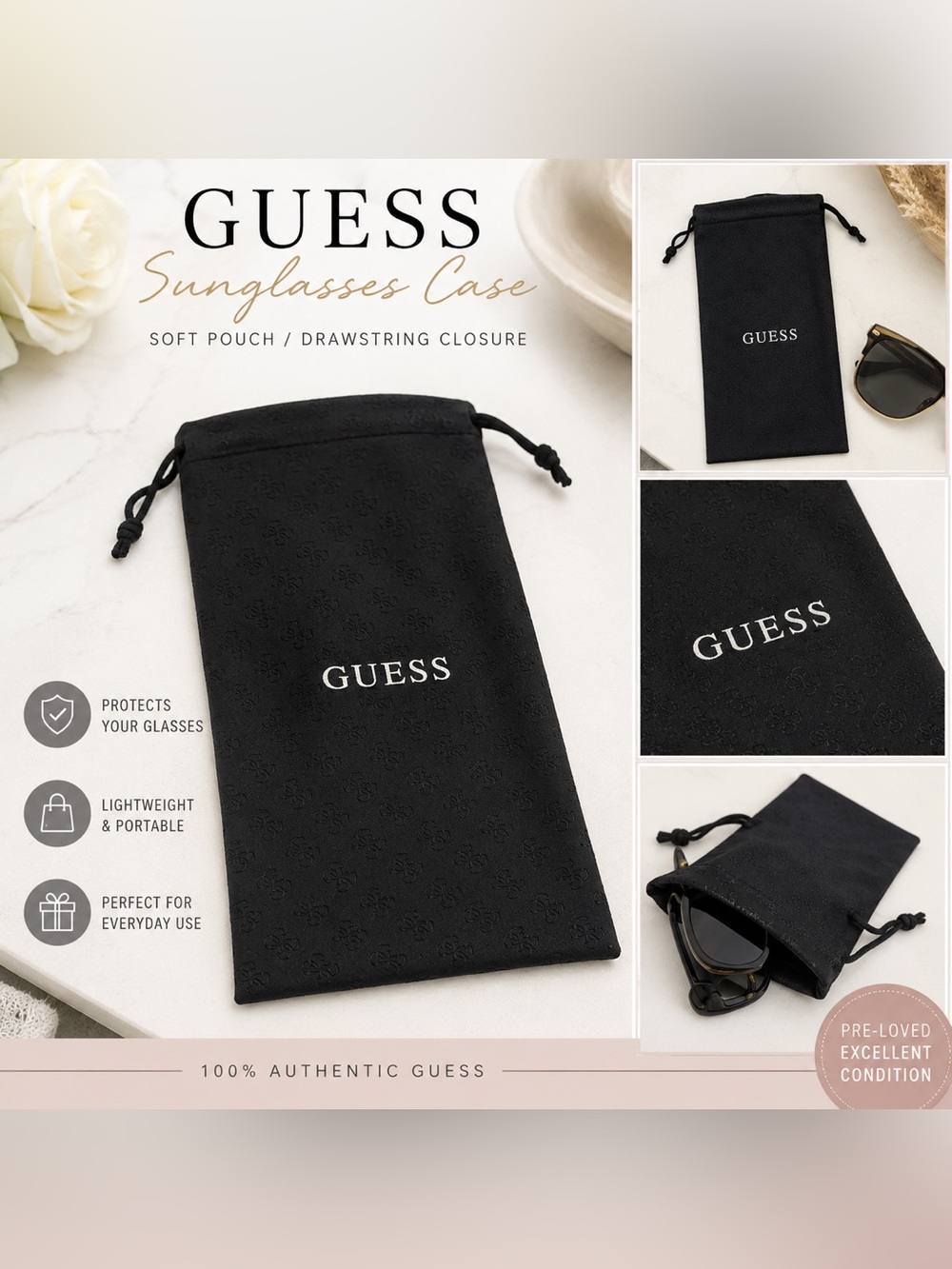 GUESS Black Drawstring Sunglasses Case / Soft Eyeglass Pouch